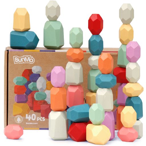 Bunmo 40pcs Stacking Rocks Toddler Toys; Wooden Building Blocks Montessori Toys; Tested for 1 - 2 + Year Old; Recommended Play F