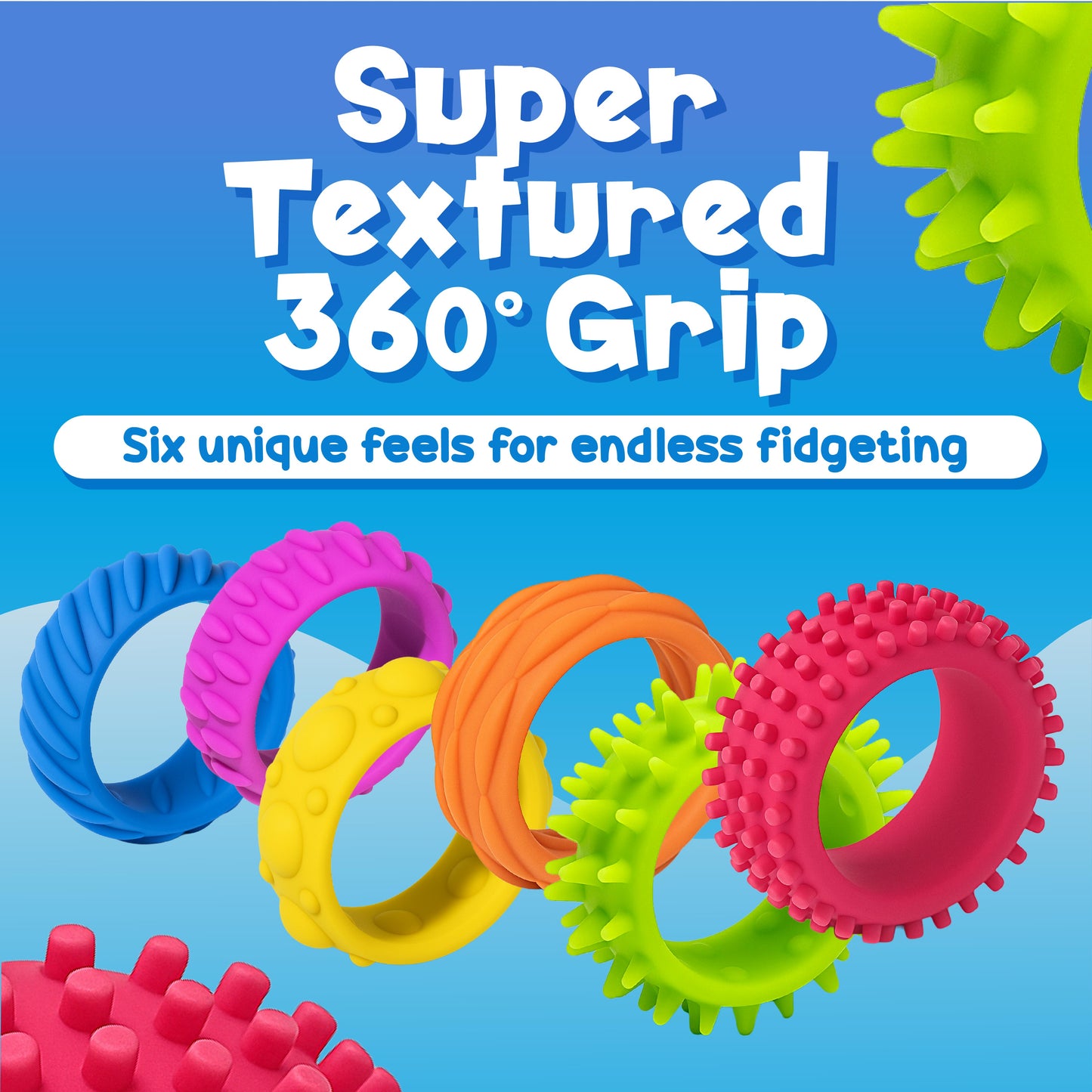 18 Pack Silicone Fidget Rings for Kids – Sensory Ring Set with 6 Textures | Colorful, BPA-Free Fidget Toys