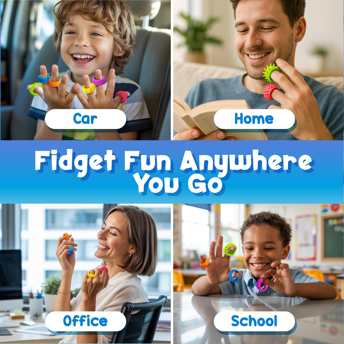 18 Pack Silicone Fidget Rings for Kids – Sensory Ring Set with 6 Textures | Colorful, BPA-Free Fidget Toys