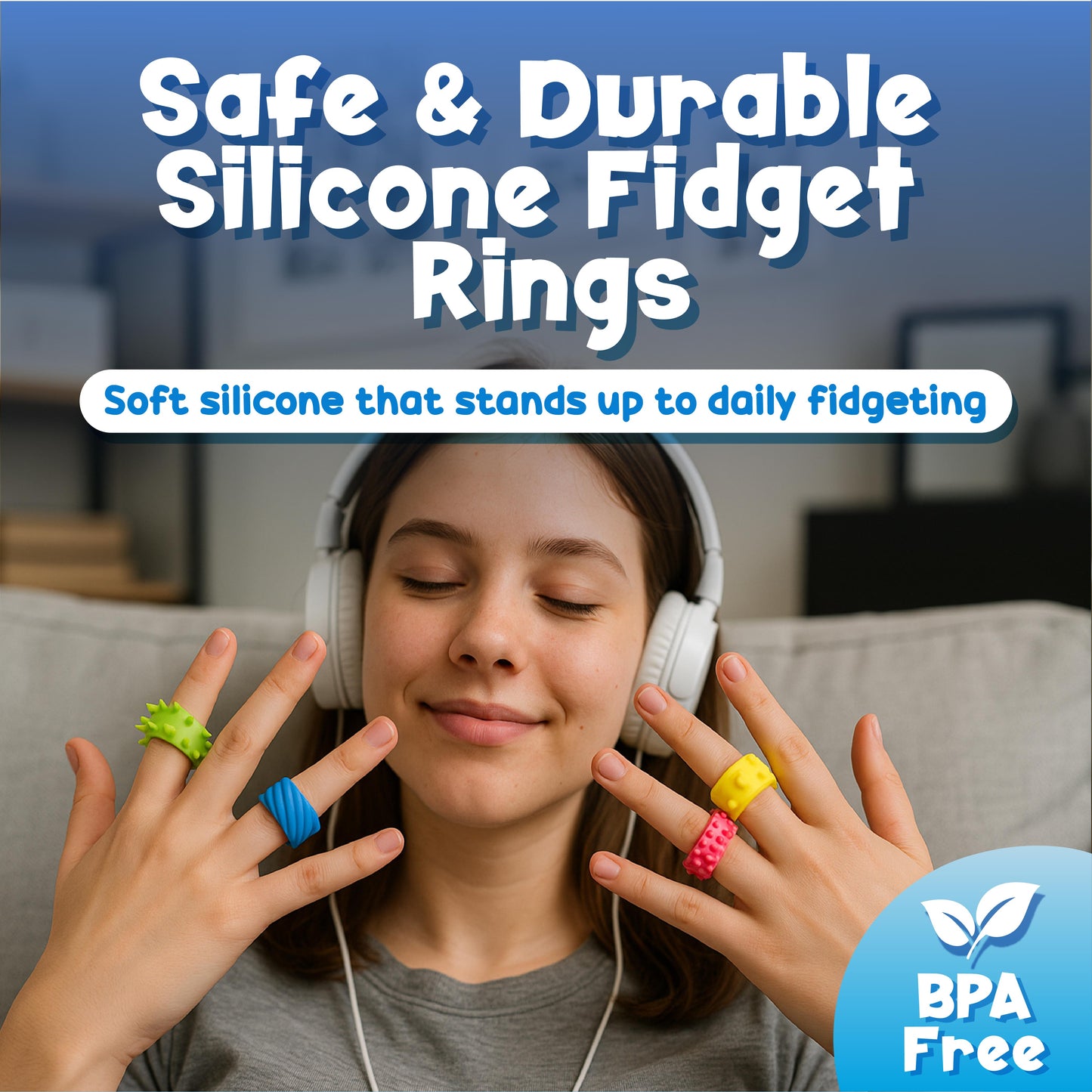 18 Pack Silicone Fidget Rings for Kids – Sensory Ring Set with 6 Textures | Colorful, BPA-Free Fidget Toys