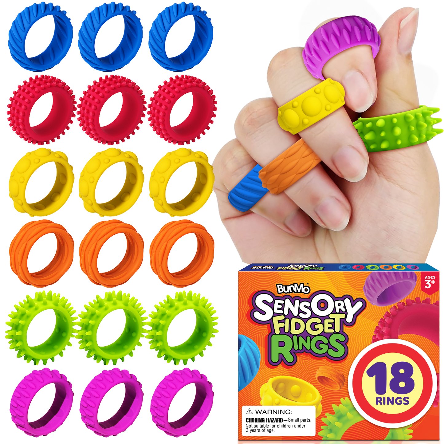 18 Pack Silicone Fidget Rings for Kids – Sensory Ring Set with 6 Textures | Colorful, BPA-Free Fidget Toys