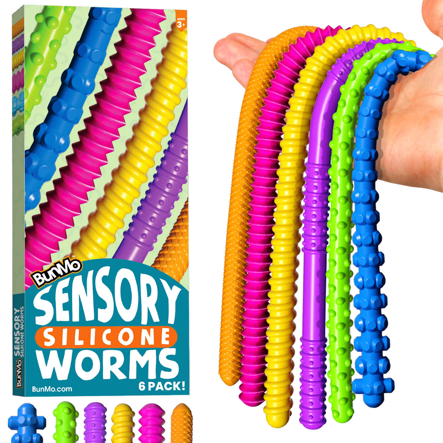 Silicone Stretchy Strings Fidget Toy – 6 Pack Sensory Worms for Kids | Textured, Colorful, BPA-Free