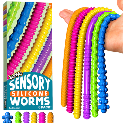 Silicone Stretchy Strings Fidget Toy – 6 Pack Sensory Worms for Kids | Textured, Colorful, BPA-Free