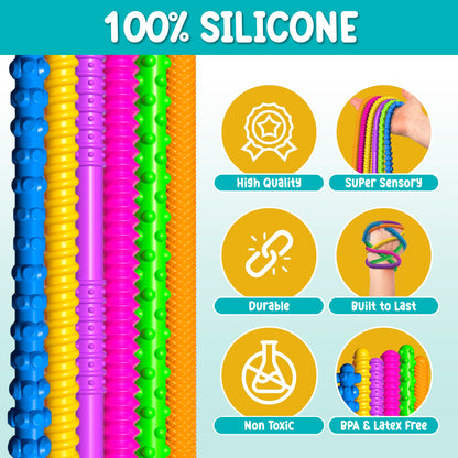 Silicone Stretchy Strings Fidget Toy – 6 Pack Sensory Worms for Kids | Textured, Colorful, BPA-Free