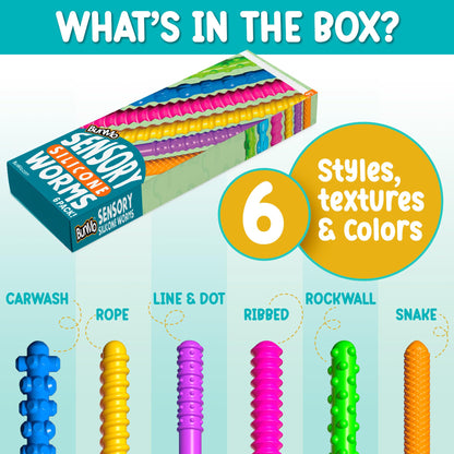 Silicone Stretchy Strings Fidget Toy – 6 Pack Sensory Worms for Kids | Textured, Colorful, BPA-Free