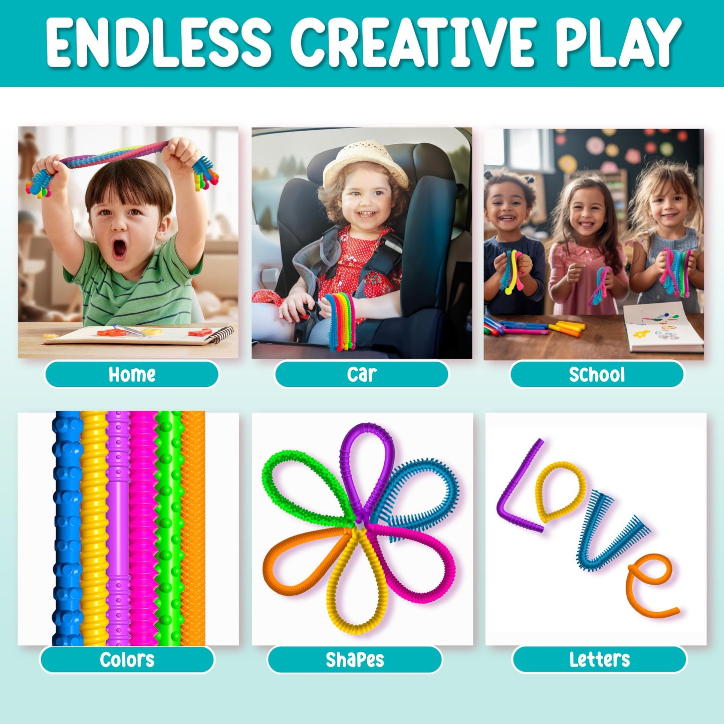 Silicone Stretchy Strings Fidget Toy – 6 Pack Sensory Worms for Kids | Textured, Colorful, BPA-Free