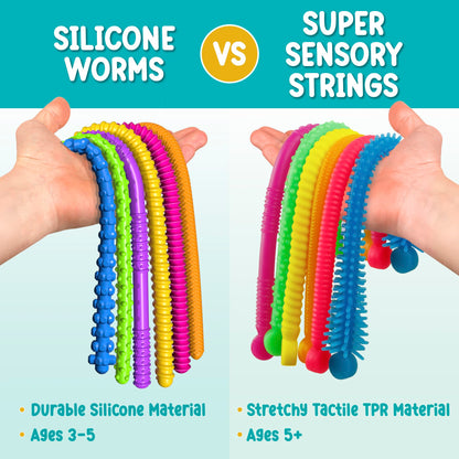Silicone Stretchy Strings Fidget Toy – 6 Pack Sensory Worms for Kids | Textured, Colorful, BPA-Free